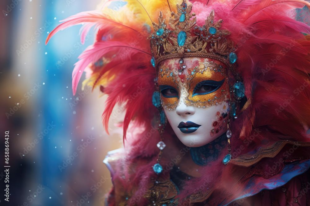 a woman in a mask and feathers at the carnival