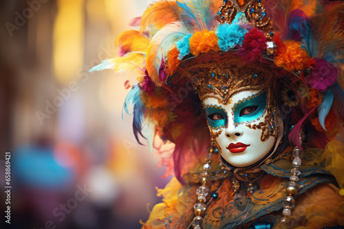 a woman in a mask and feathers at the carnival © Kien