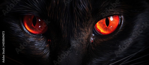 Close up of a black cat s adorable face with red eyes With copyspace for text photo