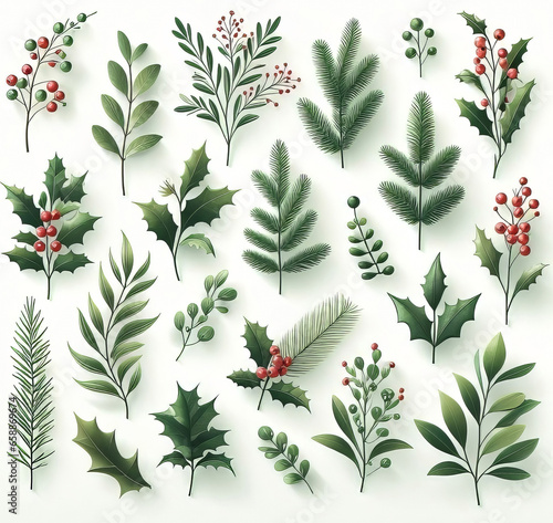 Christmas and New Year set with holly leaves, branches, berries and pine cones. Generated by AI