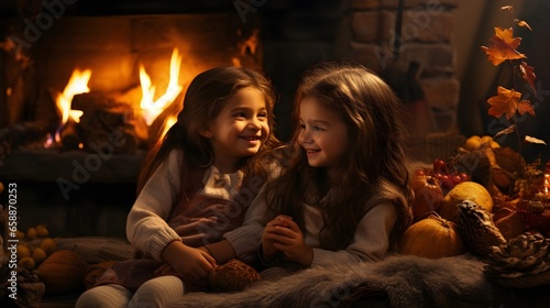 Fireside Bonding  Joyful Kids Sharing Warm Moments in the Cozy Glow of a Crackling Fireplace  Enjoying Winter Indoors