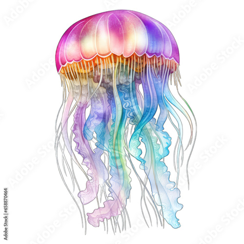 Watercolor pastel jellyfish, isolated on white transparent background