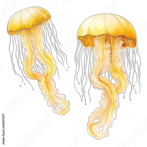 Two yellow Watercolor pastel jellyfish, isolated on white transparent background