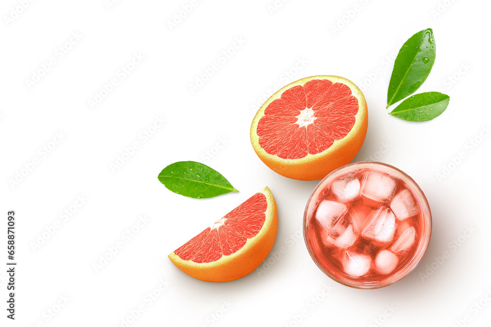 Grapefruit juice with fresh fruit isolated on white background. Top view, flat lay. Grapefruit juice with fresh fruit isolated on white background. Top view, flat lay.