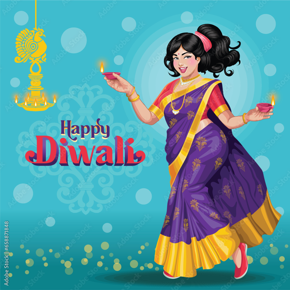 Diwali Greetings with a dancing Girl holding lamps on her hands