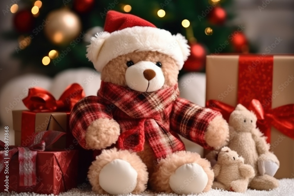 Christmas themed teddy bear wearing santa hat with gift boxes, Christmas decoration background, Christmas card banner festive design, Christmas 2023 holiday greeting celebration illustration Christmas themed teddy bear wearing santa hat with gift boxes, Christmas decoration background, Christmas card banner festive design, Christmas 2023 holiday greeting celebration illustration