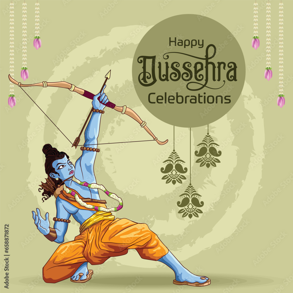 Dussehra Greetings of Lord Ram aiming to destroy Bad with bow and arrow - obrazy, fototapety, plakaty 