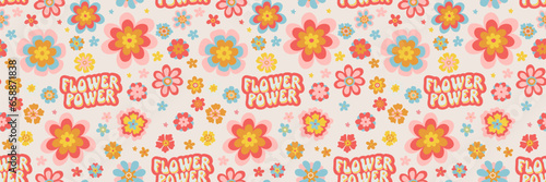 Retro groovy psychedelic seamless daisy pattern. Cool bold retro flower illustrations and psychedelic Flower Power lettering background. Funky hippie vintage floral offwhite digital paper