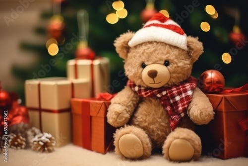 Christmas themed teddy bear wearing santa hat with gift boxes, Christmas decoration background, Christmas card banner festive design, Christmas 2023 holiday greeting celebration illustration © Mohammad