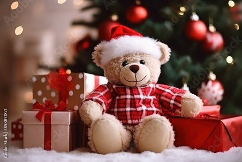 Christmas themed teddy bear wearing santa hat with gift boxes  Christmas decoration background  Christmas card banner festive design  Christmas 2023 holiday greeting celebration illustration