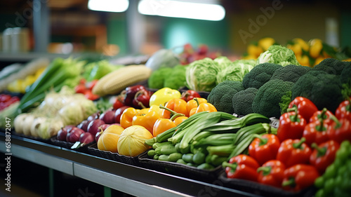 wide-angle view of the supermarket store interior with fresh fruits and vegetables on display 