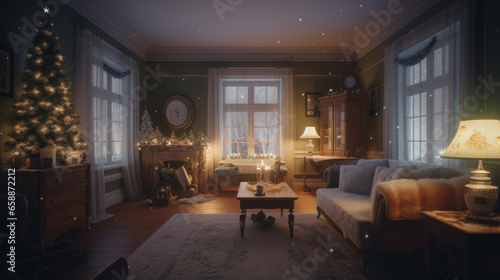 Charming room decorated with Christmas lights. Created with Generative AI Technology. © Andrew Hemmings