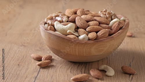 Assorted nuts of almonds, cashews, and walnuts in a wooden bowl. Healthy nutrition concept.