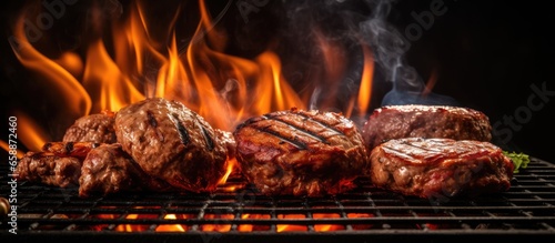 Grilling burgers and sausages over flames on the grill With copyspace for text