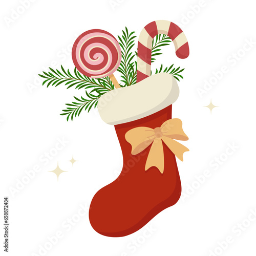 Christmas sock with bow, candy cane, lollipop, Christmas tree branch. Flat vector illustration on white background.