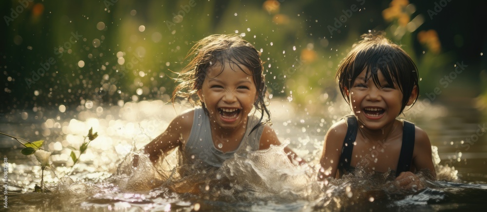 Obraz premium Happy children splash in the river With copyspace for text