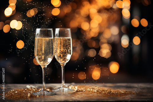 glasses of champagne on christmas background