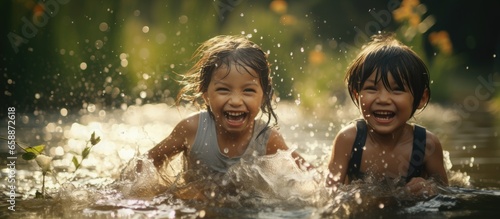 Happy children splash in the river With copyspace for text