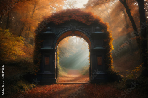 cozy autumn arch gate view forest photo