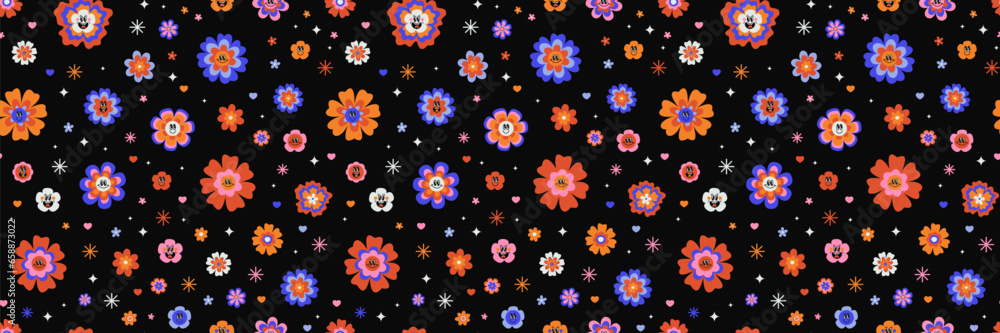 Vector retro groovy smiley daisies psychedelic seamless surface pattern. Cute hippie ditsy daisy flowers with emotional faces. Cool bold retro floral repeat backdrop. Bright funky vintage floral print
