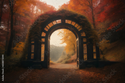 cozy autumn arch gate view forest