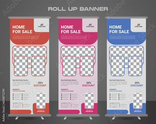 Creative and modern real estate roll up banner template for marketing.