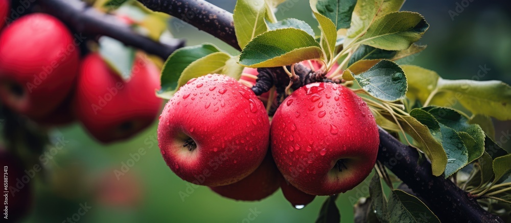 Ready apples on apple tree branches in garden are ripe for harvest With copyspace for text Ready apples on apple tree branches in garden are ripe for harvest With copyspace for text