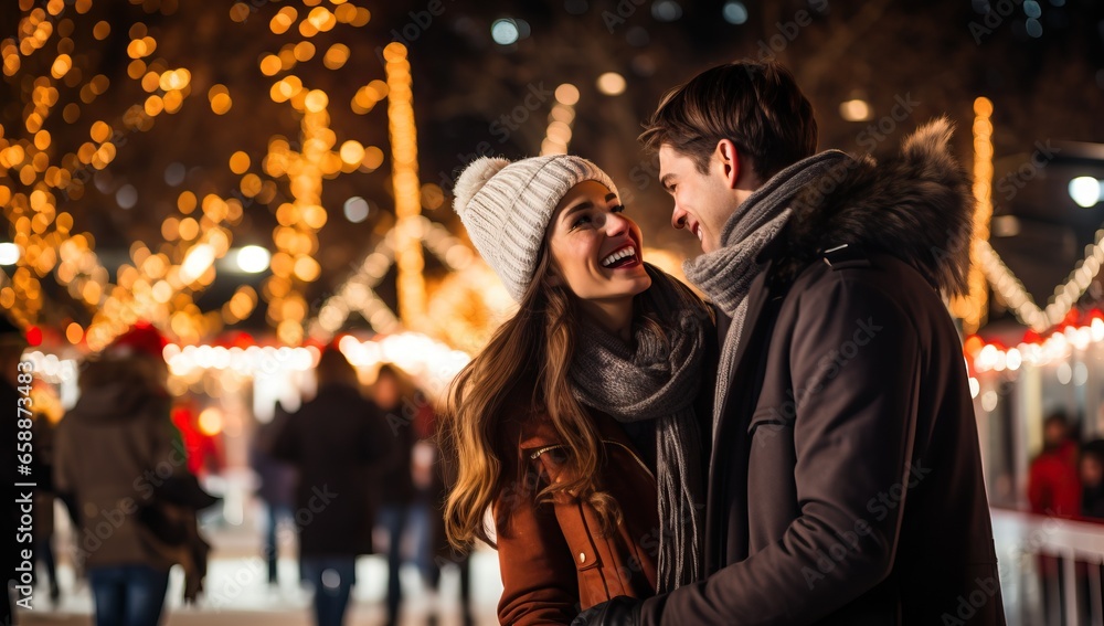 Obraz premium Young couple in love having fun on the Christmas market in the city