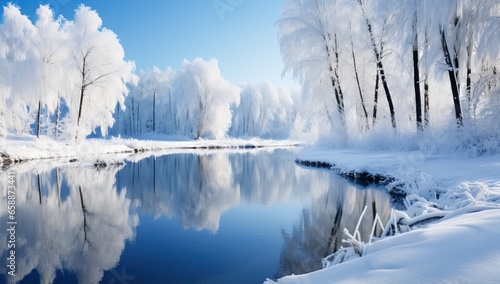 Beautiful winter landscape with river and trees in hoarfrost.