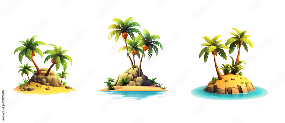 Obraz premium Set of 3D illustrations tropical island with palm trees, isolated on white and transparent background, ai generate