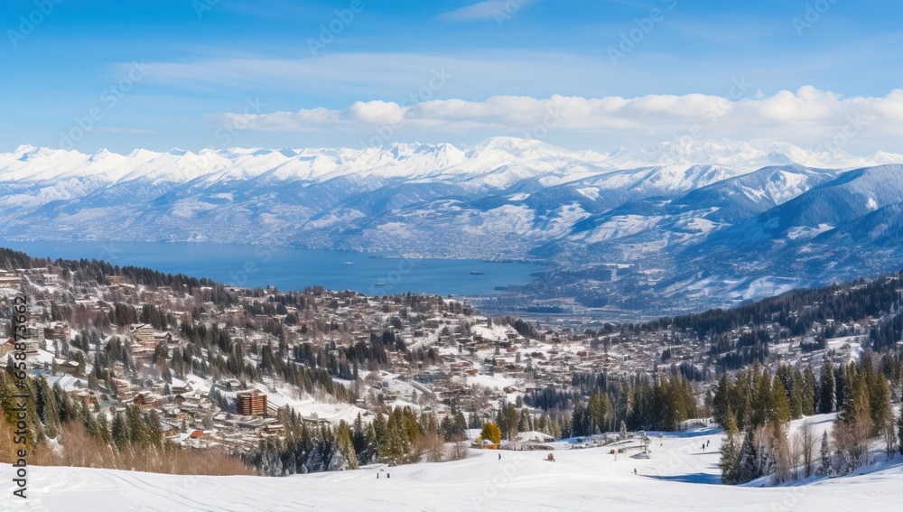 a view of a snowy mountain with a lake in the distance