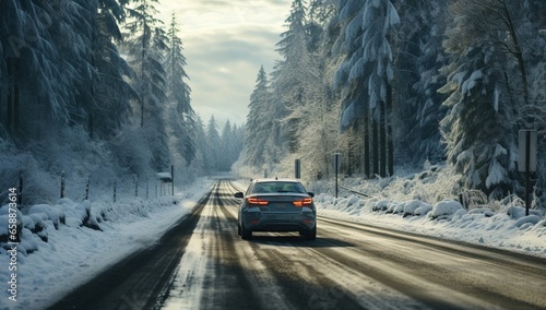 Car driving on a winter road with snow covered trees