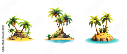 Set of 3D illustrations tropical island with palm trees, isolated on white and transparent background, ai generate