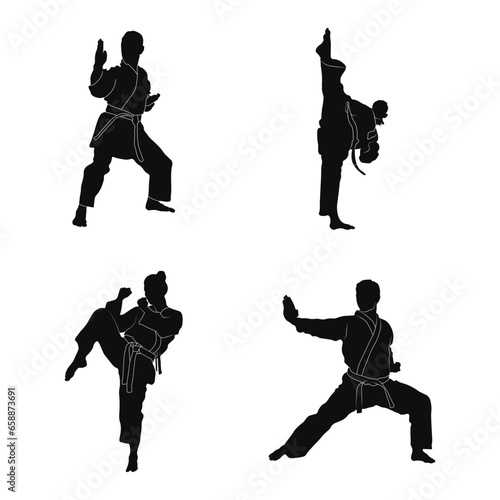 Karate Fighter Silhouette With Line Design On Kimono. Isolated On White Background. Vector Illustration Collection