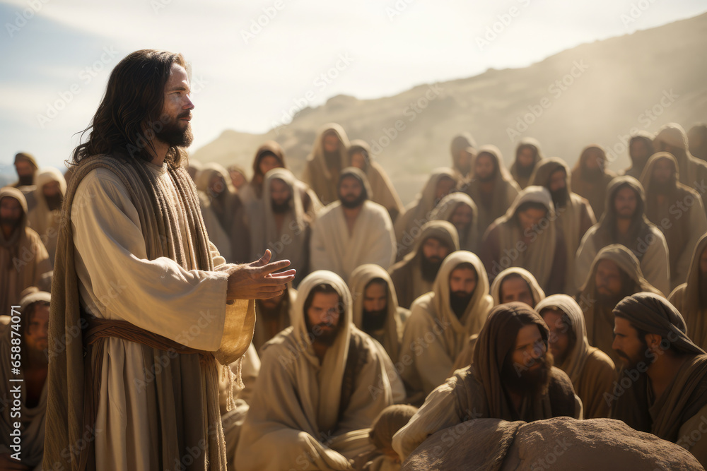 Jesus talks to the disciples and the crowd - obrazy, fototapety, plakaty 