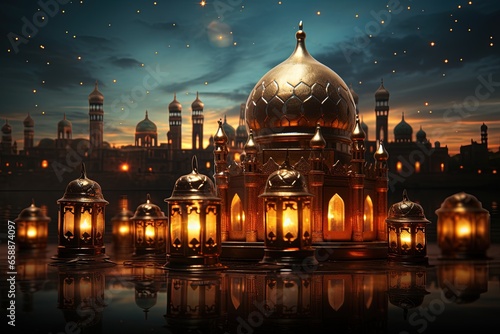 a mosque with candles in the fore © klakonstudio