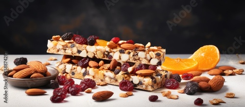 Granola bars with dried fruit and nuts With copyspace for text