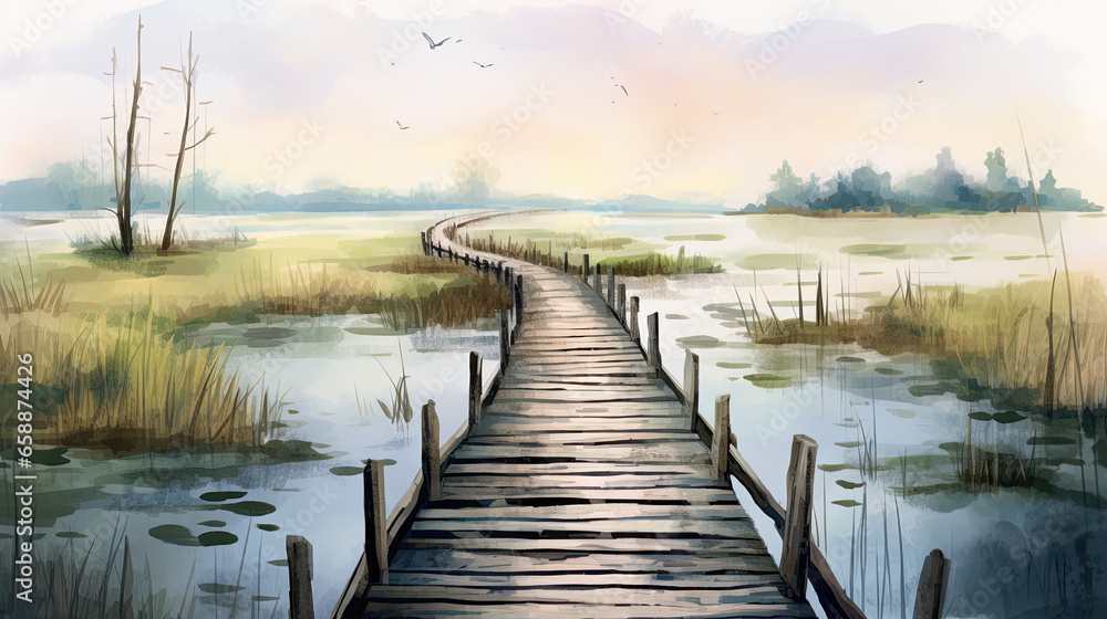 Obraz premium Watercolor a misty marshland