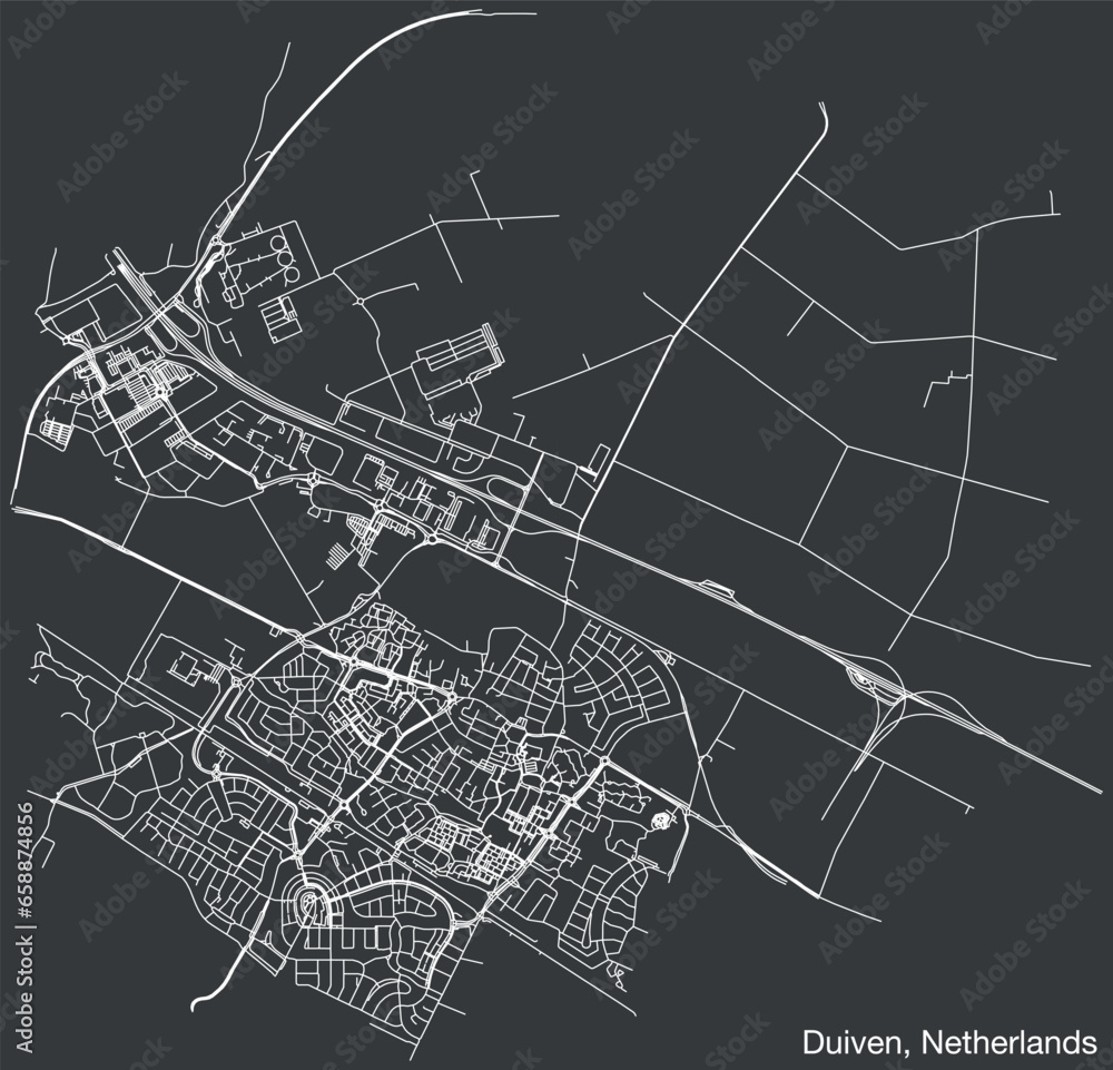Detailed hand-drawn navigational urban street roads map of the Dutch city of DUIVEN, NETHERLANDS with solid road lines and name tag on vintage background