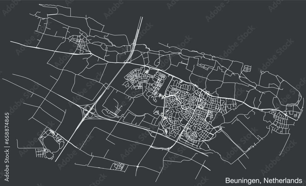Obraz premium Detailed hand-drawn navigational urban street roads map of the Dutch city of BEUNINGEN, NETHERLANDS with solid road lines and name tag on vintage background
