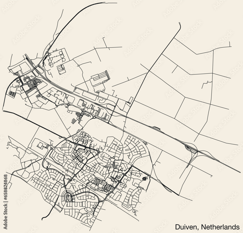 Detailed hand-drawn navigational urban street roads map of the Dutch city of DUIVEN, NETHERLANDS with solid road lines and name tag on vintage background