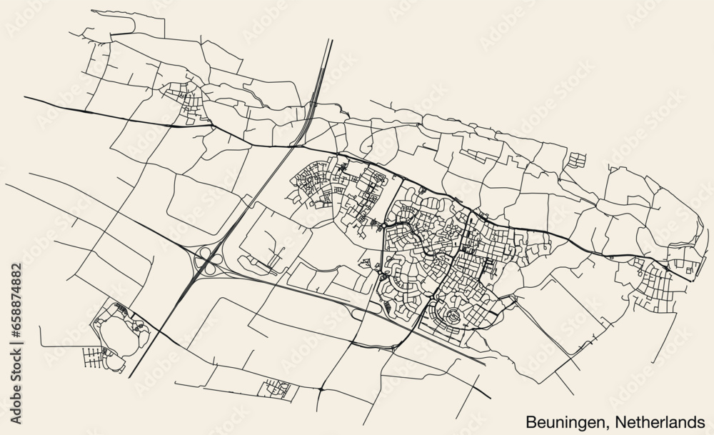 Detailed hand-drawn navigational urban street roads map of the Dutch city of BEUNINGEN, NETHERLANDS with solid road lines and name tag on vintage background Detailed hand-drawn navigational urban street roads map of the Dutch city of BEUNINGEN, NETHERLANDS with solid road lines and name tag on vintage background