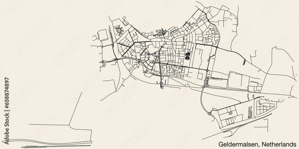 Detailed hand-drawn navigational urban street roads map of the Dutch city of GELDERMALSEN, NETHERLANDS with solid road lines and name tag on vintage background