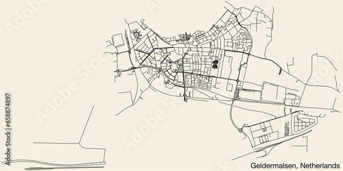 Detailed hand-drawn navigational urban street roads map of the Dutch city of GELDERMALSEN, NETHERLANDS with solid road lines and name tag on vintage background