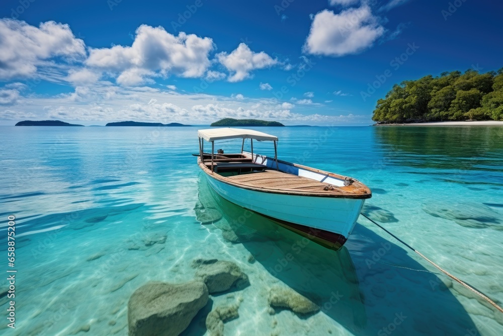 Boat in turquoise ocean water against blue sky with white clouds and tropical island Boat in turquoise ocean water against blue sky with white clouds and tropical island