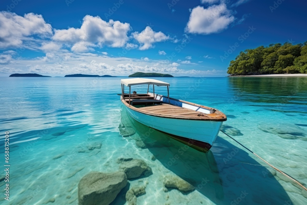 Boat in turquoise ocean water against blue sky with white clouds and tropical island