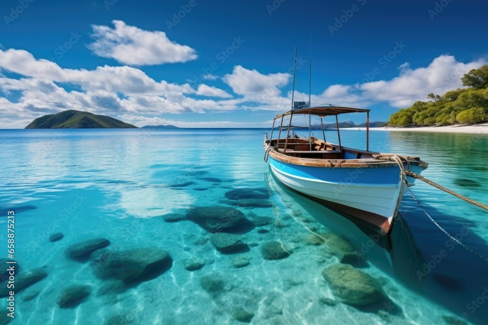 Boat in turquoise ocean water against blue sky with white clouds and tropical island Boat in turquoise ocean water against blue sky with white clouds and tropical island