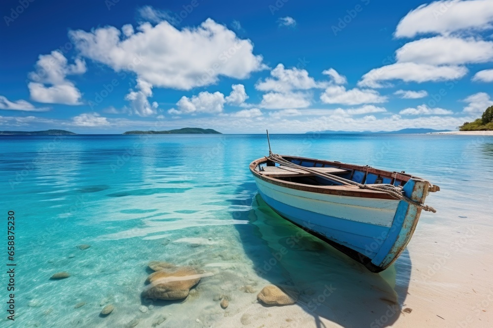 Boat in turquoise ocean water against blue sky with white clouds and tropical island