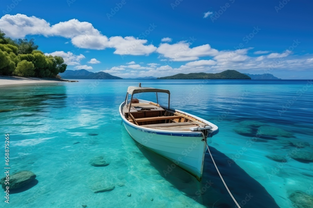 Boat in turquoise ocean water against blue sky with white clouds and tropical island