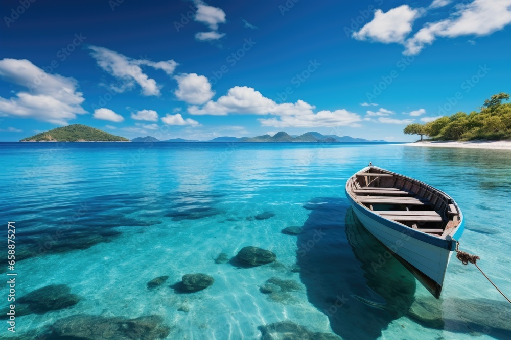 Boat in turquoise ocean water against blue sky with white clouds and tropical island Boat in turquoise ocean water against blue sky with white clouds and tropical island